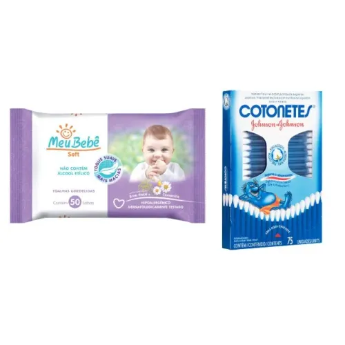 Lenço Umedecido Meu Bebê Soft 50un + Cotonete Johnso's 75 Un