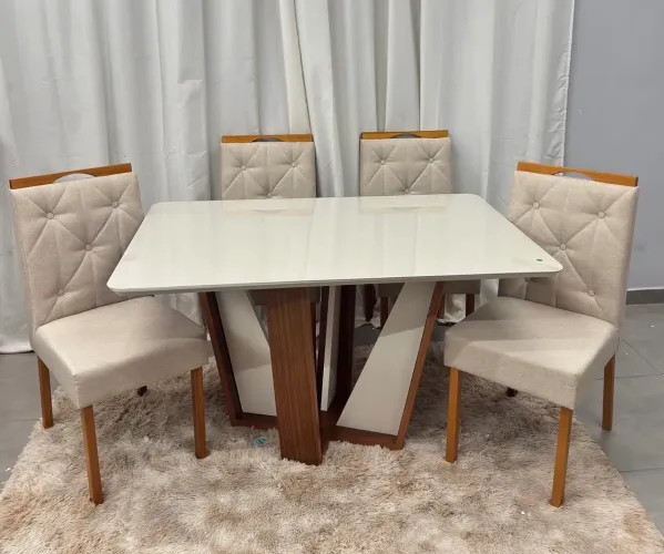 Mesa de Jantar Veneza 135×90 com Vidro+ 4 Cadeiras Entrega Rápida
