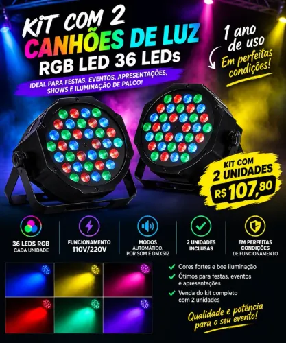 Kit com 2 Canhões de Luz RGB LED 36 LEDs - Perfeitos - R$ 107,80