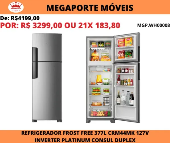 Geladeira Frost Free 377L Consul 127V Inverter Platinum