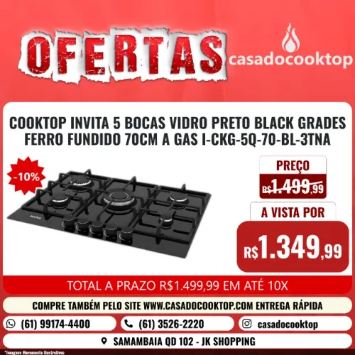 COOKTOP INVITA 5 BOCAS VIDRO PRETO BLACK GRADES FERRO FUNDIDO 70CM A GAS 