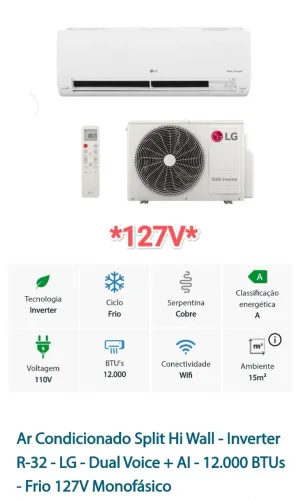 Ar Split LG Dual Inverter 12000 BTUs+ 127V + Novo + Nota + Garantia+ Cartão 12x