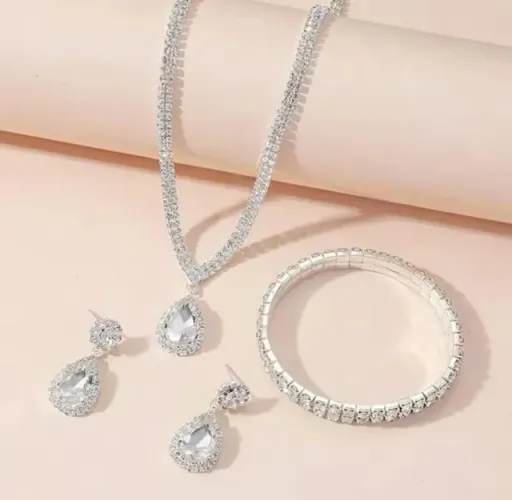 Conjunto Luxo Feminino Colar, Brincos, Pulseira Strass Gota | Noiva, Madrinha, Formatura