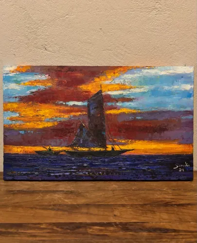 pintura em tela quadro barco amanhecer
