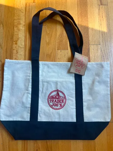 Sacola Bolsa Reutilizável Trader Joe's Ecobag Cru Alça Azul Marinho Logomarca