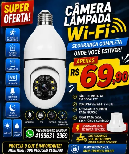? Câmera Lâmpada Wi-Fi 360° HD Segurança Residencial <br>Descrição