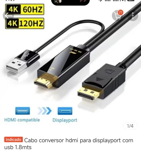 Cabo conversor HDMI para displayport com USB. 1.8mts