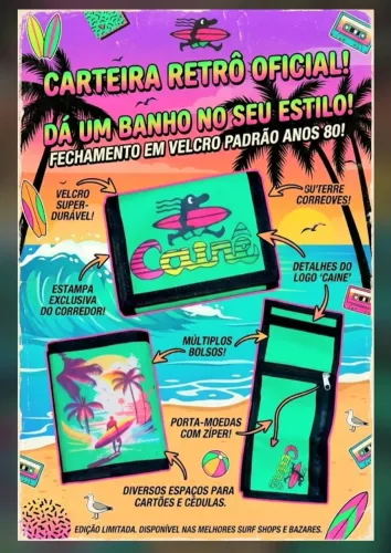 Carteira Cairê com velcro tema anos 80 e 90 op fico retro vintage surf skate
