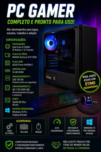PC Gamer i5 10ªG | GTX 1650 | 16GB RAM | Fonte 500W | SSD+HD 1TB + Kit Gamer