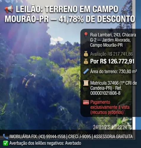 Imóvel com ótimo custo ? Terreno no Jardim Alvorada, Campo Mourao - PR, Nº 243, 730,8m² |