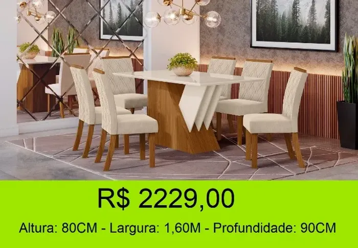 Mesa de jantar com vidro curvo 6 cadeiras inclusas