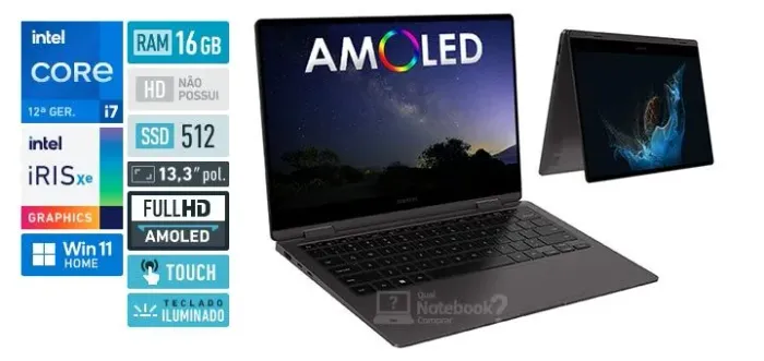 Samsung Galaxy Book2 360 i7 12ª Gen | 16GB RAM | SSD 512GB | Tela AMOLED Touch 2 em 1