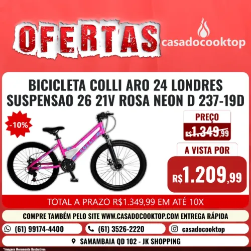BICICLETA COLLI ARO 24 LONDRES SUSPENSAO 26 21V ROSA NEON D 237-19D