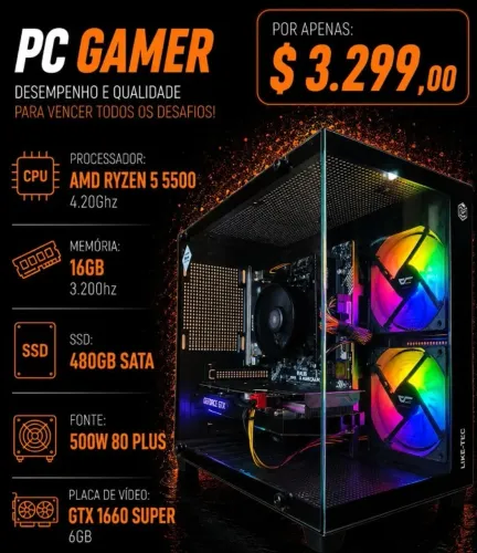 PC Gamer Ryzen 5 5500 4.2Ghz / Mem 16Gb / SSD 480Gb / GTX 1660 Super 6Gb (aceito cartão)
