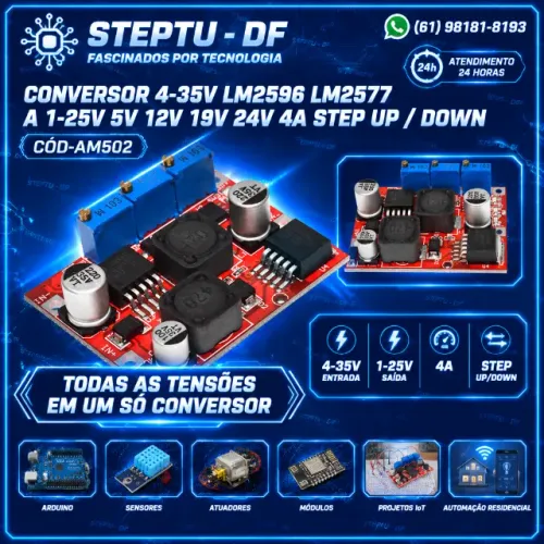 Conversor 4-35v lm2596 lm2577 a 1-25v 5v 12v 19v 24v 4a step up / down Arduino COD-AM502