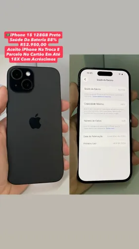 iPhone 15 128GB Preto | Saúde Da Bateria 88% (Usado)