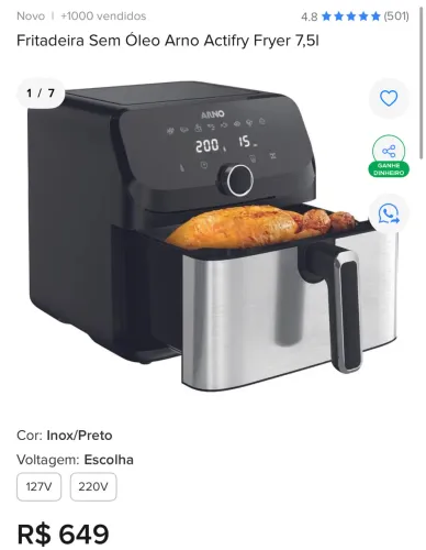 Air fry Arno - Fritadeira sem óleo 7,5 Litros - Nova nunca usada - De R$649,00 por R$499