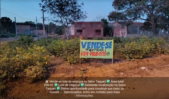 Lote no Setor Taquari 238m², de esquina, otima localização.