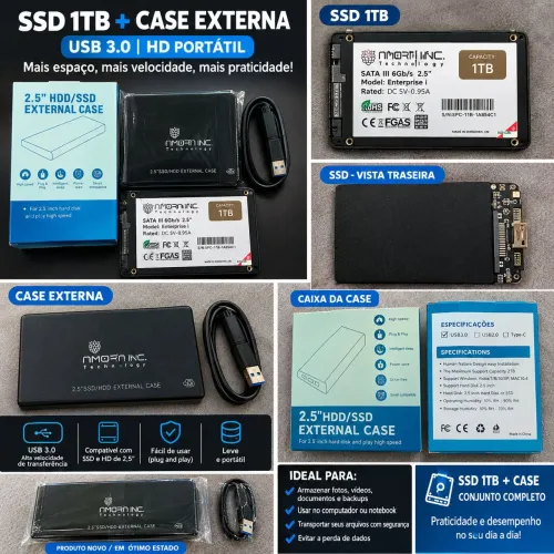 SSD 1TB com Case Externa USB 3.0 + Cabo...
