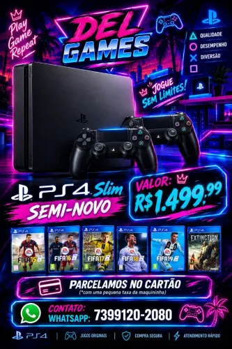 PS4 Slim - 2 controles - 6 jogos