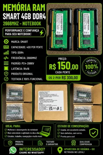Memória RAM SMART 4GB DDR4 2666MHz - Notebook