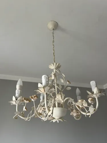 Lustre Provençal Floral 5 Lâmpadas em Ferro Branco