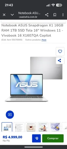 Notebook Asus Snapdragon X1 16gb 512gb SSD 16" X1607QA-MB062W