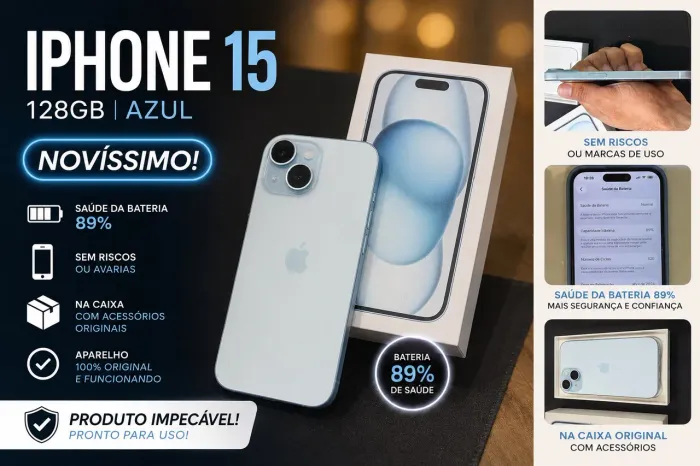 iPhone 15 Azul 128GB - Impecável (Na Caixa Original + Brinde)