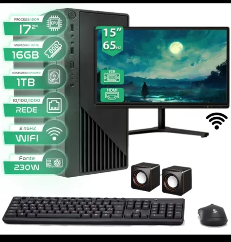 PC Desktop, CPU I7'2, 16GB Ram, HD 1TB, REDE 10/1000, Wifi 2.4GHZ, Monitor 15" 65HZ, VCR.