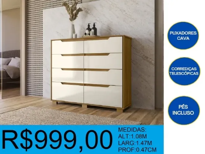 COMODA - REPOSIÇÃO - 8 GAVETAS - COMPRE HOJE E RECEBA EM ATÉ 72 HORAS
