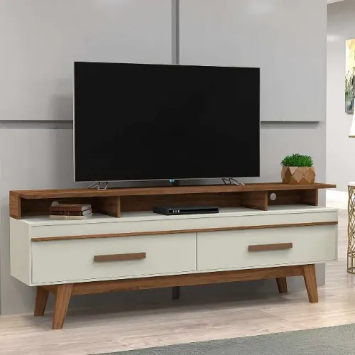 Rack para TV cor cinza claro com madeira