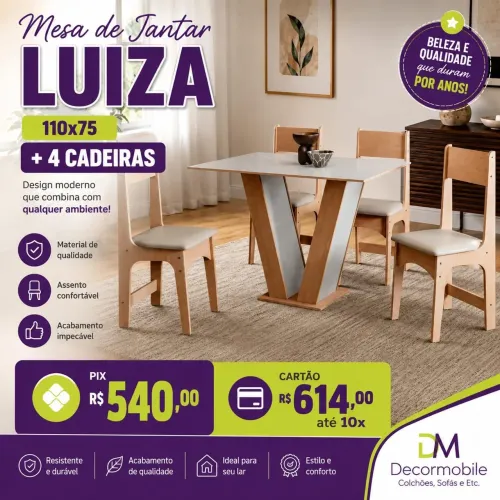 Mesa de jantar Luiza 110x75 + 4 cadeiras