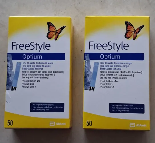 Tiras de este de glicose FreeStyle modelo Optimum , 2 caixas com 50 tiras cada caixa,