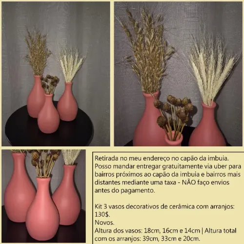 3 vasos terracota com arranjos novos