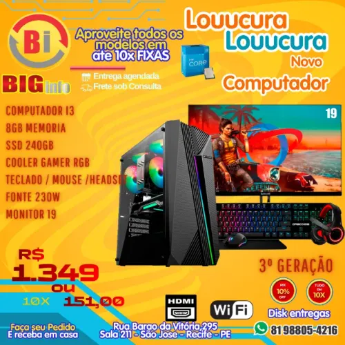 Computador I3 gamer completo 8g ssd240g monitor 19'' ET LOL cs ROBLOX