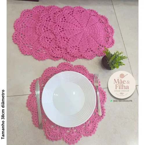Jogo Souplast 4 lugares rosa em Crochê