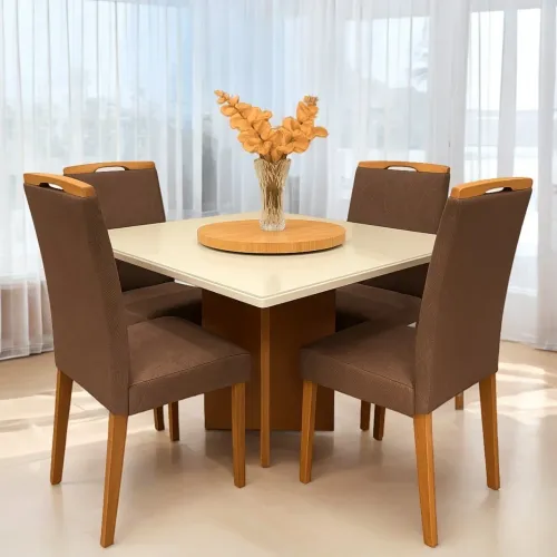Mesa de Jantar Tampo Vidro 90x90 off White Com 4 Cadeiras Veludo Marrom