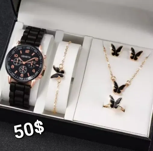 Kit Relógio, com: Colar, brinco, anel e pulseira