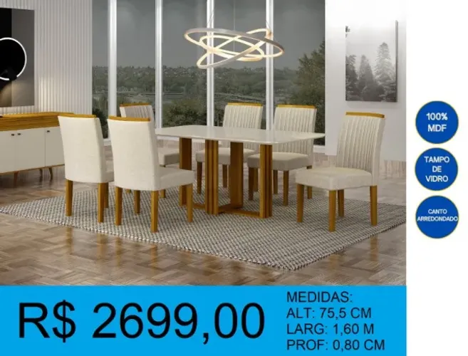 Mesa de jantar super luxo com vidro - Entrega e montagem GRATIS