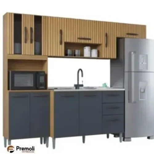 Cozinha Compacta 8 Portas Com Balcão Pra Pia Sem Tampo Lavínia Damasco/off ripado - Poquem