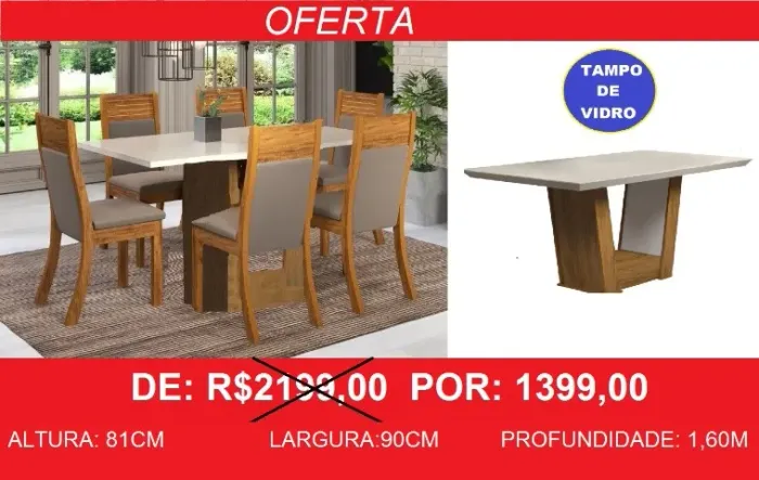 mesa com 6 cadeiras com tampo de vidro - aproveite