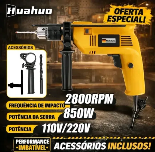 Furadeira Elétrica de Impacto Huahuo 850W - 2800RPM + Acessórios