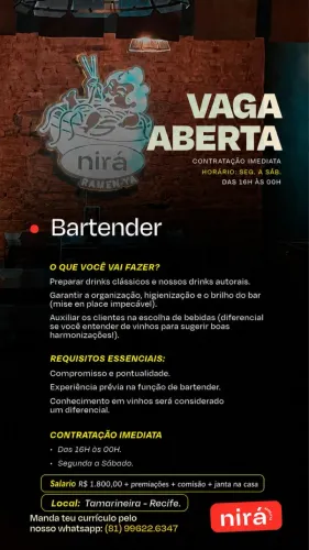VAGA PARA BARTENDER- CONTRATAÇÃO IMEDIATA!