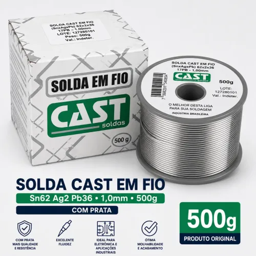 Solda Fio Cast Sn62 Ag2 Pb36 1,0mm 500g Com Prata Original