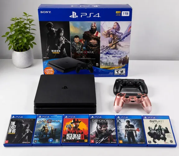 PS4 Slim 1TB Completo + 2 Controles + 6 Jogos Originais + Caixa