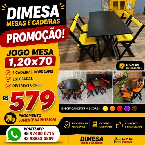 Mesa 1,20x70 4 cadeiras dobráveis estofadas, diversas cores disponíveis