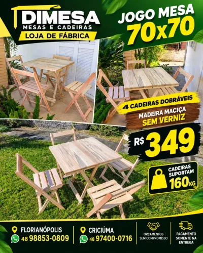 Kit mesa 70x70 4 cadeiras dobráveis madeira maciça natural
