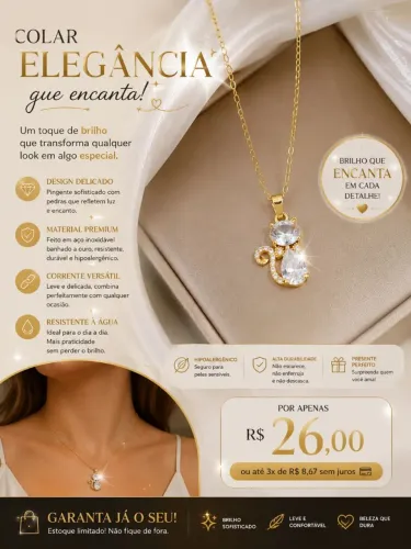 Colar Elegância Banhado a Ouro Pingente Gatinho Zircônia Hipoalergênico