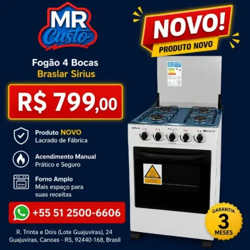 Fogão Braslar 4 BC New Sirius BCC | NOVO com Garantia | MR Custo