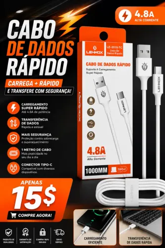 CABO DE DADOS RÁPIDO LEHMOX USB PARA TIPO-C 4.8A - 1 METRO